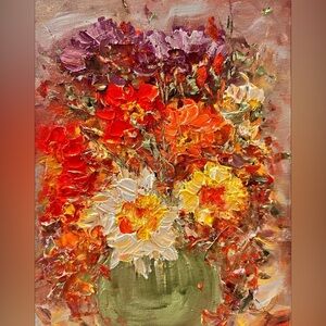 ORIGINAL ACRYLIC TEXTURIZED FLORAL PAINTING size 14 H x 11 W inch